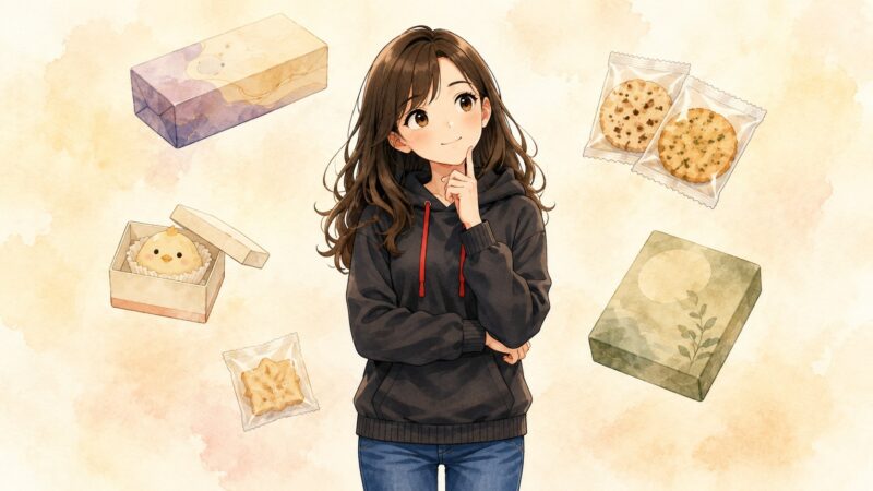 どの名古屋土産にしようか考えているイラスト