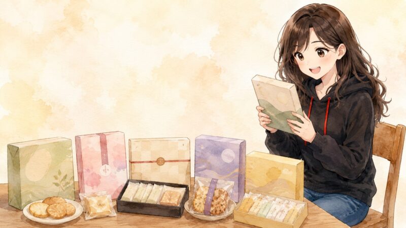 日持ちと個包装で選んだ名古屋土産を見比べているイラスト