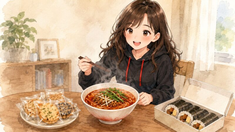 自宅で台湾ラーメンとみせんべい、ひつまぶし太巻を楽しんでいるイラスト