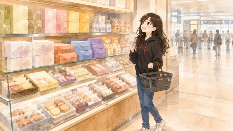 名古屋駅のお土産売り場で、棚に並んだお菓子を見ているイラスト
