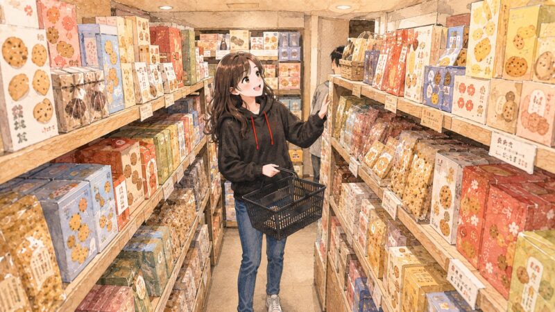 駅の地下街にあるお土産専門店の店内で、棚に並んだお菓子を見ているイラスト