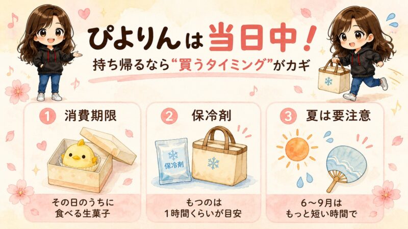ぴよりんの消費期限は当日中、保冷剤は約1時間、夏はさらに短時間という目安をまとめた図解