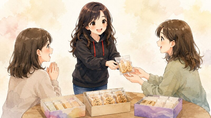 個包装の名古屋土産を友達に手渡して喜ばれているイラスト