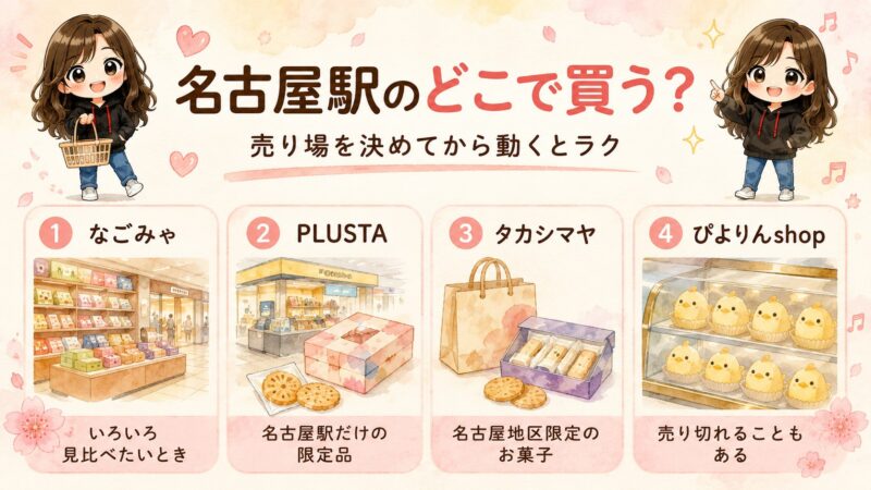 名古屋駅の売り場（なごみゃ・PLUSTA・タカシマヤ・ぴよりんshop）で何が買えるかをまとめた図解