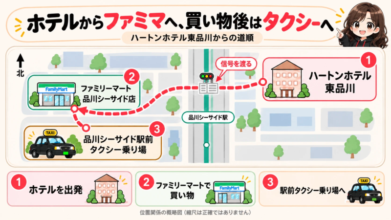 ハートンホテル東品川からファミリーマート品川シーサイド店とタクシー乗り場への道順